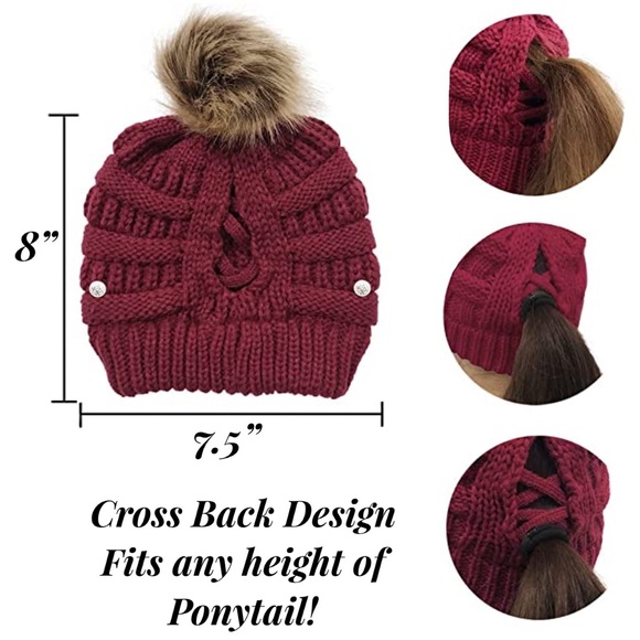 Red Knit Criss Cross Ponytail Pom Pom Beanie - Picture 15 of 15